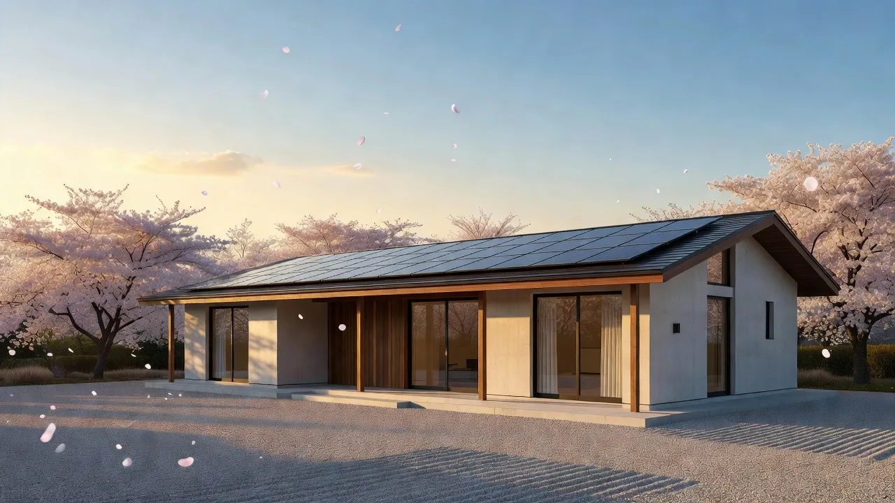 朝日に照らされる、太陽光パネルを備えた平屋の住宅（イメージ）