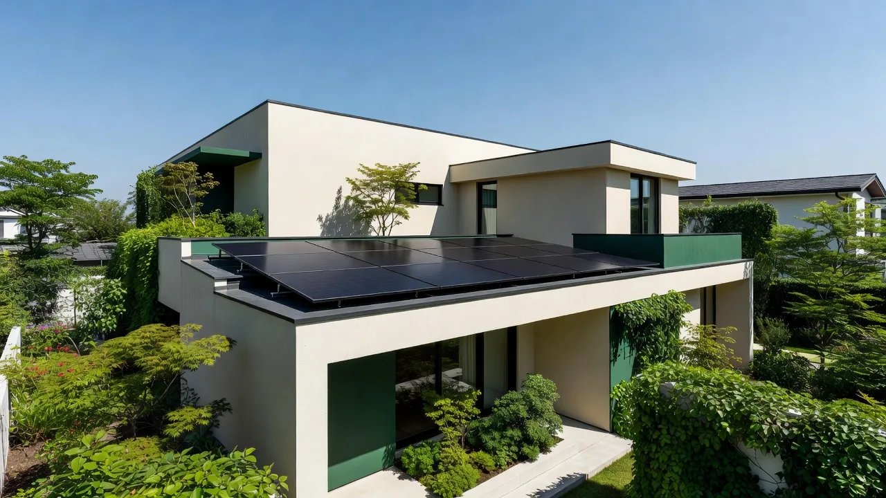 緑に囲まれた住宅の屋根に載る太陽光パネル（イメージ）