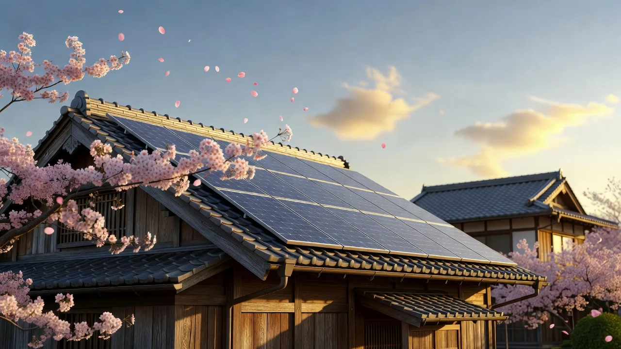 桜の枝越しに見える、瓦屋根の太陽光パネル（イメージ）