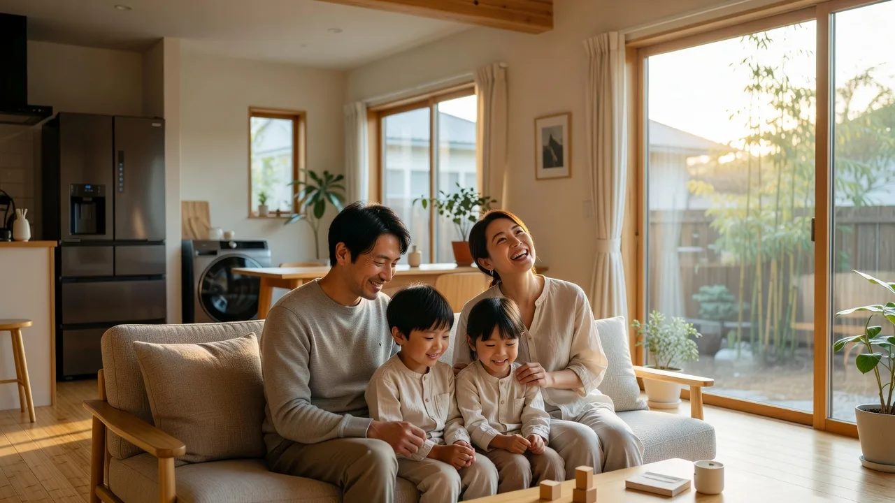 木の内装のリビングでくつろぐ家族（イメージ）