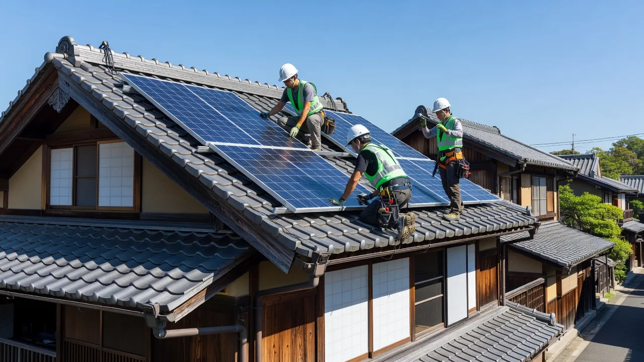 瓦屋根の住宅でパネルを取り付ける作業のイメージ