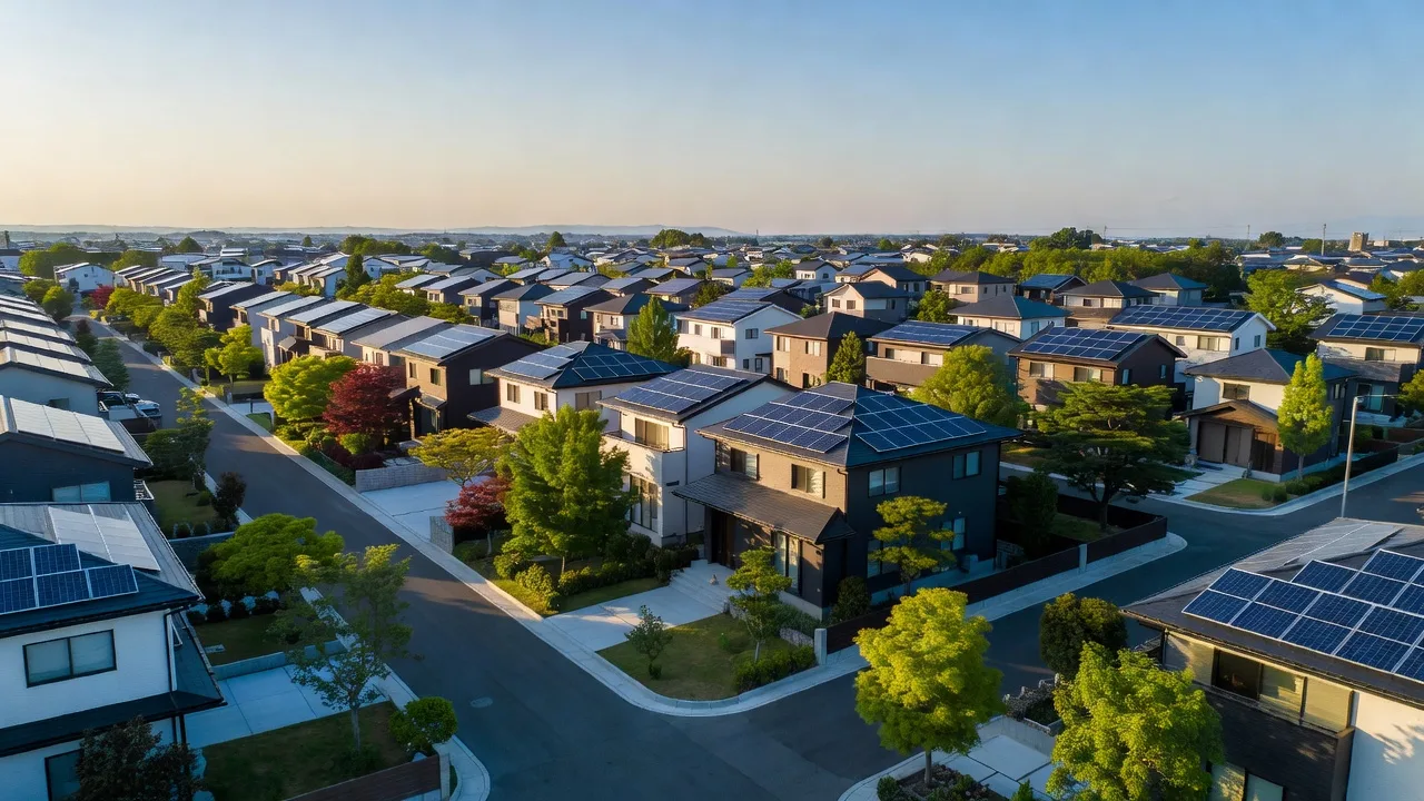 郊外の住宅街を上空から見た、太陽光パネルを載せた屋根（イメージ）