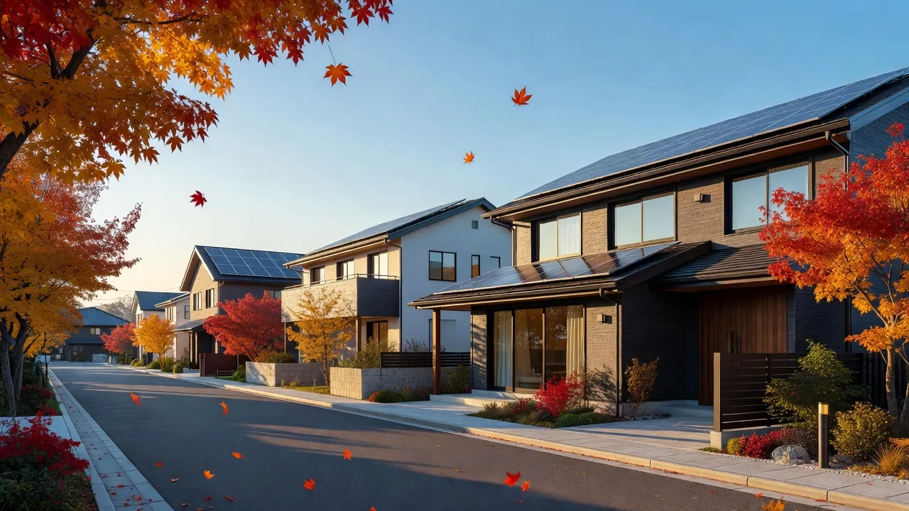 紅葉の住宅街に並ぶ、太陽光パネル付きの家（イメージ）