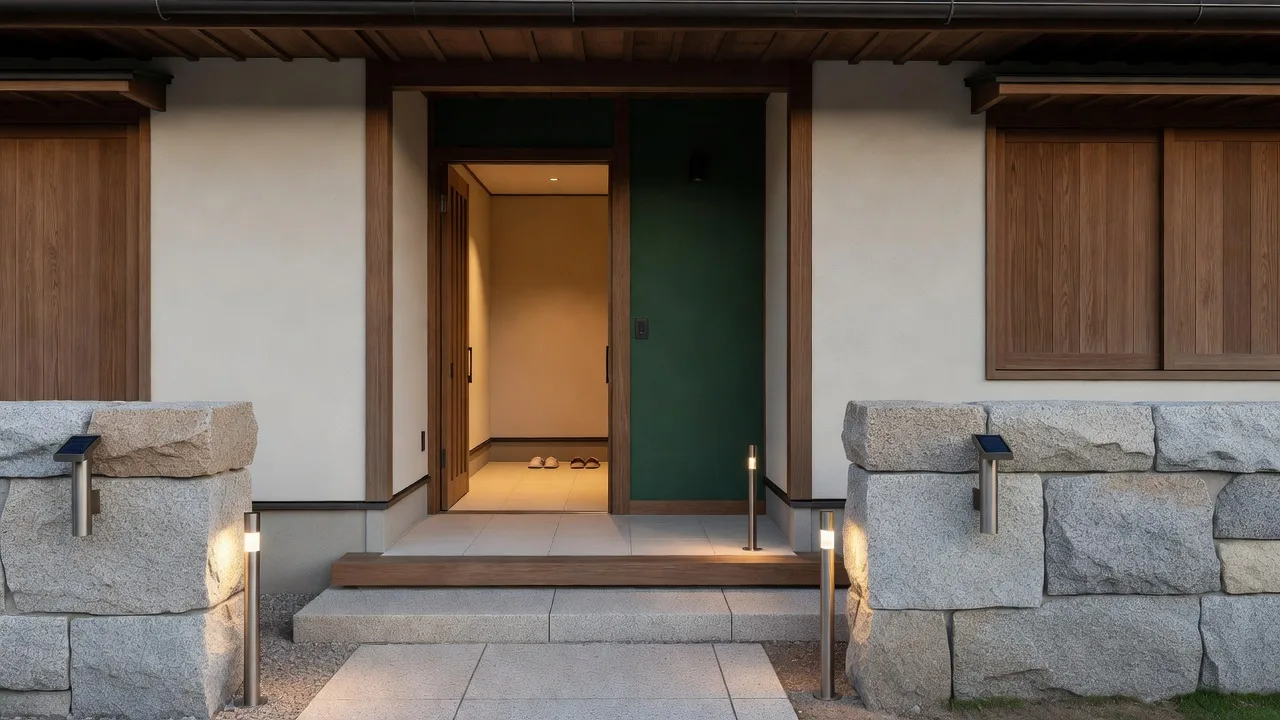 夕暮れにやわらかく灯る住宅の玄関