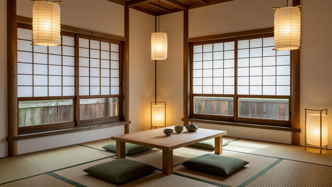 障子と行灯のある畳敷きの茶室風の和室（イメージ）