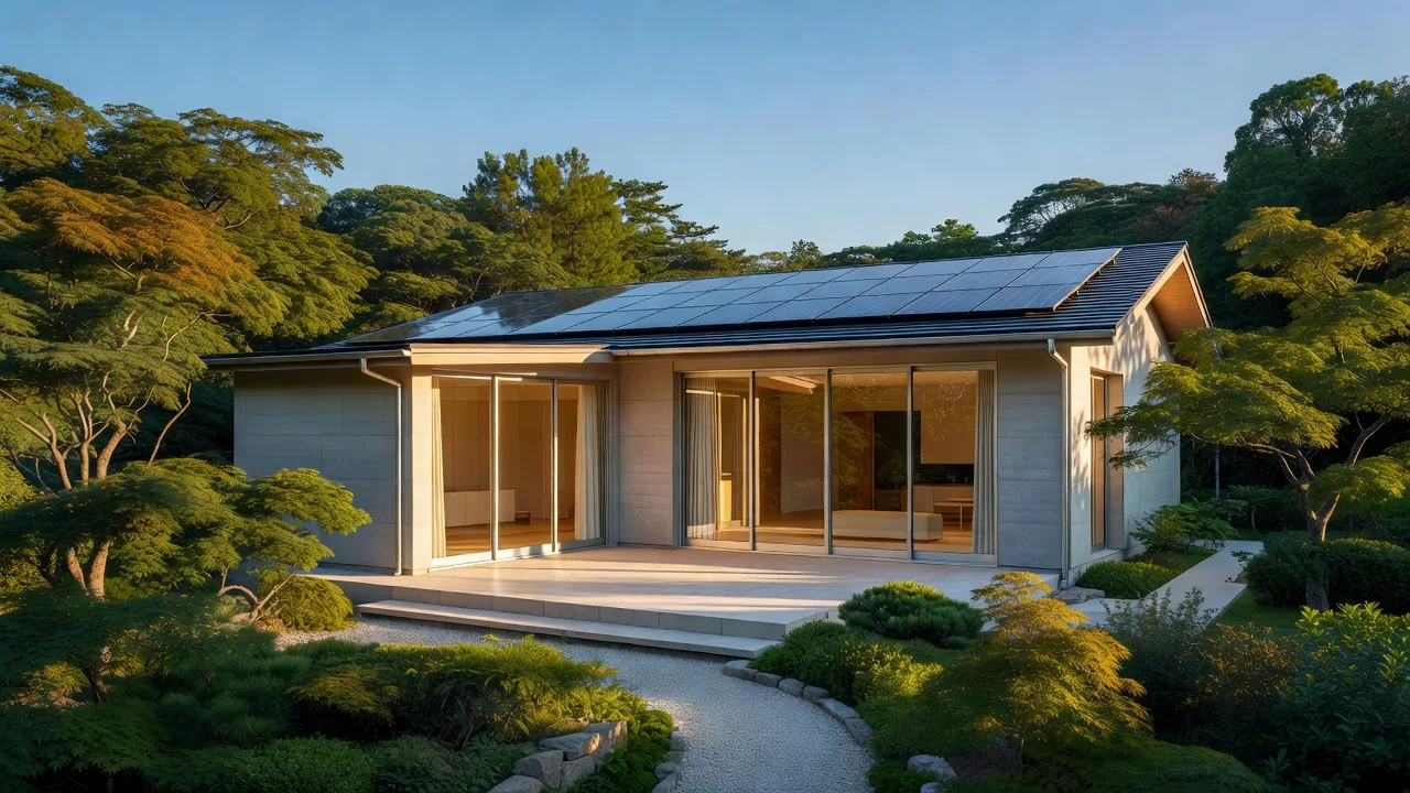 南向きの屋根に太陽光パネルを載せた平屋の住宅（イメージ）