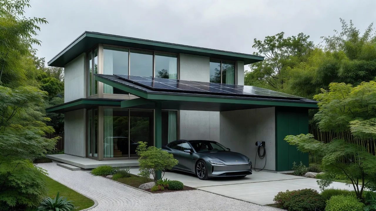 太陽光パネルの屋根をもつ住宅と、充電中のEV（イメージ）